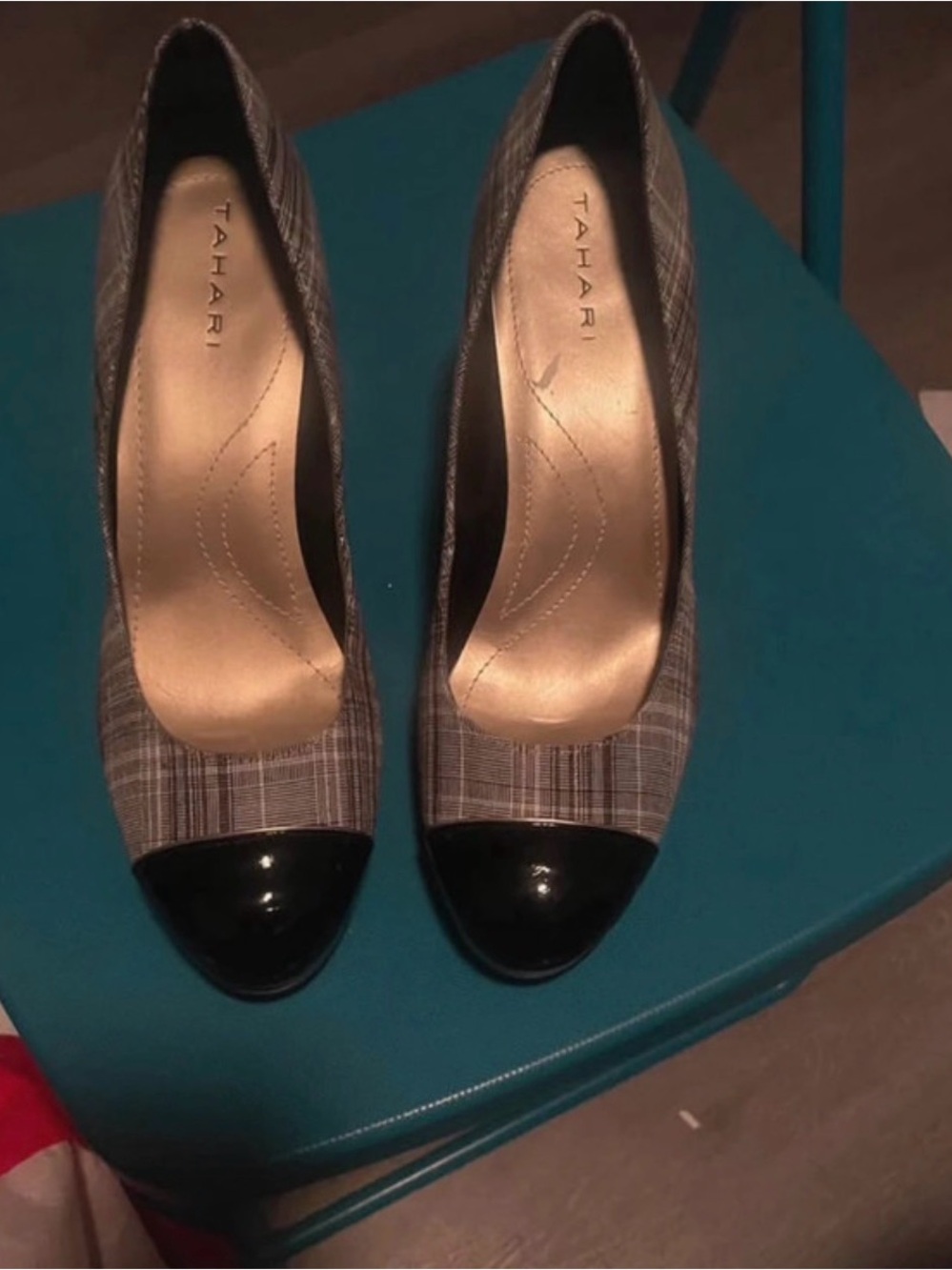 Tahari Gray Plaid Pumps with Black Patent Toe